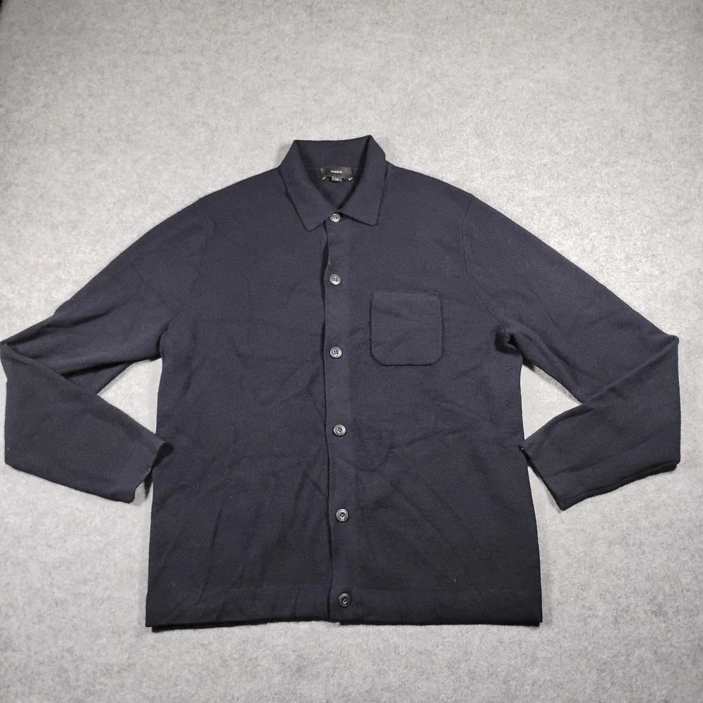 Vince Men's Navy Blue 100% Merino Wool Button Down Knit Shirt Jacket Large